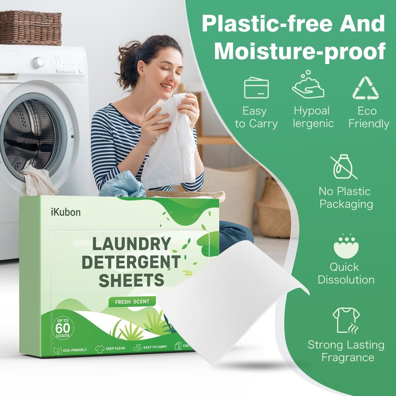 iKubon Laundry Detergent Sheets, No Plastic, Hypoallergenic Laundry sheets, Eco-Strip