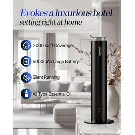 Diffuser for Home Large Room,Waterless Essential Oil Diffuser with 2000 Sq.Ft Coverage,Cordless Battery Operated Diffuser,Hotel Scent Diffuser Starter Kit Tech 120ML for Bedroom/Office/Spa/App, Black