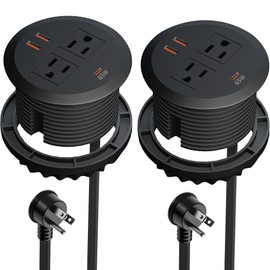 MAZZGOFOR 2PCS 3 Inch Desktop Power Grommet,GaN 65W USB C High-Speed Charging Station,3-USB Port,Flush Mount,Flat Plug,6.5 ft Power Cord.Round Desk Hole Grommet Outlet for Workspace,Laptops,Black