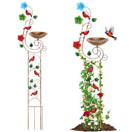 Metal Bird Bath with Trellis for Outside, 57” Height Birdbaths & Supports, Small Garden Decorative Trellises for Climbing Flowers Outdoor (Redbird)