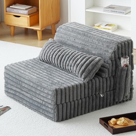 Tiita Folding Sofa Bed - 4-Fold Convertible Sleeper Chair with Corduroy Cover and Rectangular Pillow, Floor Sofa Mattress for Adults, Single Size, Grey