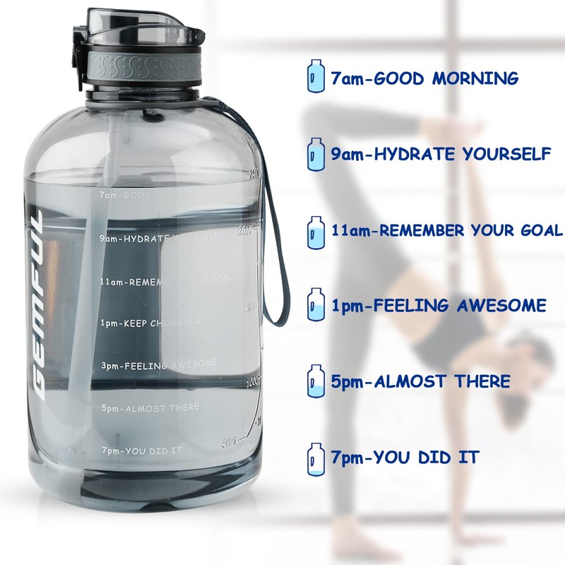 GEMFUL 3 Liter Water Bottle with Straw Time Marker Large