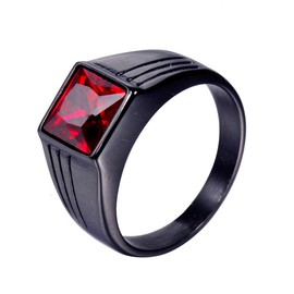 PAMTIER Men's Women's Stainless Steel with Square Stone Ring Black Red Size 7