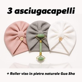 BraGio Set mit 3 Haartrocknern aus Mikrofaser + Gesichtsroller Gua Sha aus Jade – schnelltrocknend, Anti-Frizz, entspannende Massage und Anwendung Creme – Gesichtspflege & Haarpflege