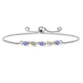 Gem Stone King 925 Sterling Silver and 10K Yellow Gold Blue Tanzanite and White Lab Grown Diamond Tennis Bracelet For Women (0.49 Cttw, Gemstone Birthstone, Fully Adjustable Up to 9 Inch)