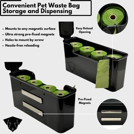 Skylar Pet Products - Dog Poop Bag Dispenser - Magnetic Mount - Indoor/Outdoor - Wall Mount - Waste Bag Dispenser - Magnet - Screw-on - Storage - Container + 60 Waste Bags (Black)