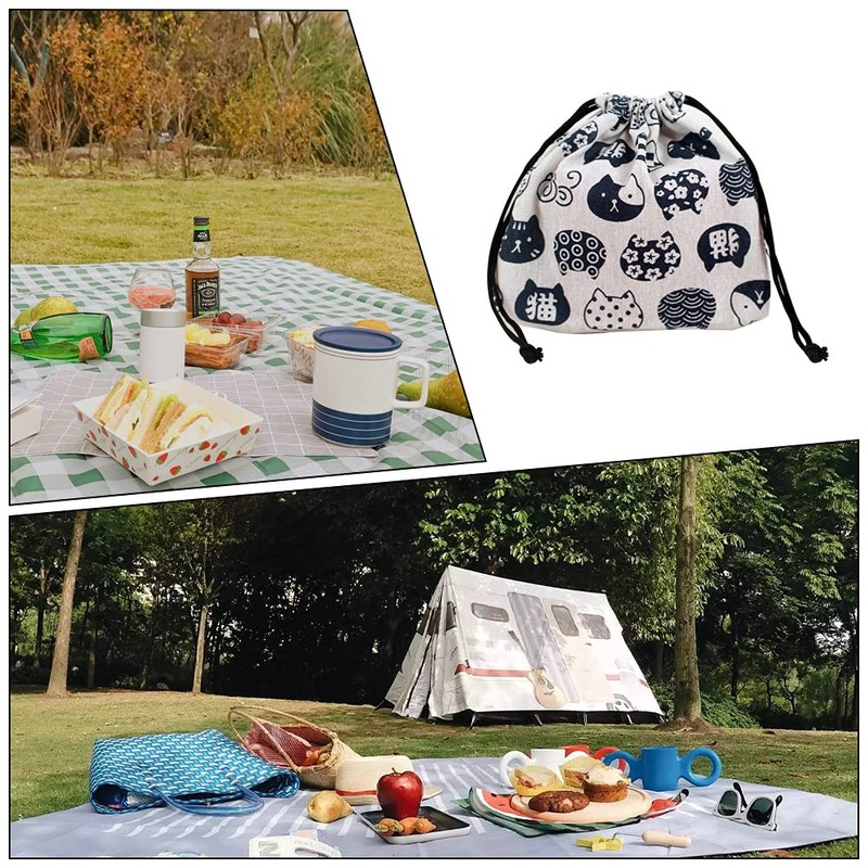 NA 2 Pcs Lunch Box Pouch with Drawstring Foldable Picnic