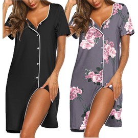 Ekouaer Women's Nightdress Short Sleeve Nightshirt Button Down Nightgown V-Neck Sleepwear Summer Sleepshirts