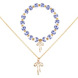 Bow Bracelet Necklace Set, Include Bow Beaded Bracelet & Bows Necklace Vintage Bracelets Jewelry Gifts Romantic Necklaces for Women (blue, gold)