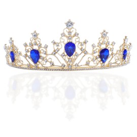 JasperKino Gold Tiara Crown Crystal Blue Rhinestone Tiara Princess Bride Headband for Wedding, Birthday, Pageant, Party, Blue,Gold