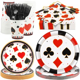 durony 144 Pieces Casino Paper Plates and Napkins Dinnerware Set Casino Birthday Party Tableware Supplies Includes Poker Club Paper Plates Napkins Forks Serve 24 for Casino Party Supplies