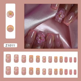 24Pcs Handmade Press on Nails Medium Square Fake Nails with 3D Flower Ripple Designs Pink Glue on Nails French Tip False Nails Glossy Full Cover Nail Tips Spring Floral Nails for Women Manicure