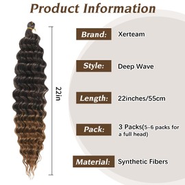 Xerteam 3 Packs 22 Zoll Ocean Wave Crochet Hair, Deep Wave Boho Braids Hair Tief Twist Curly Hair Extension, Ombre Auburn Hair Bundles Bohemian für Frauen Mädchen, 55cm