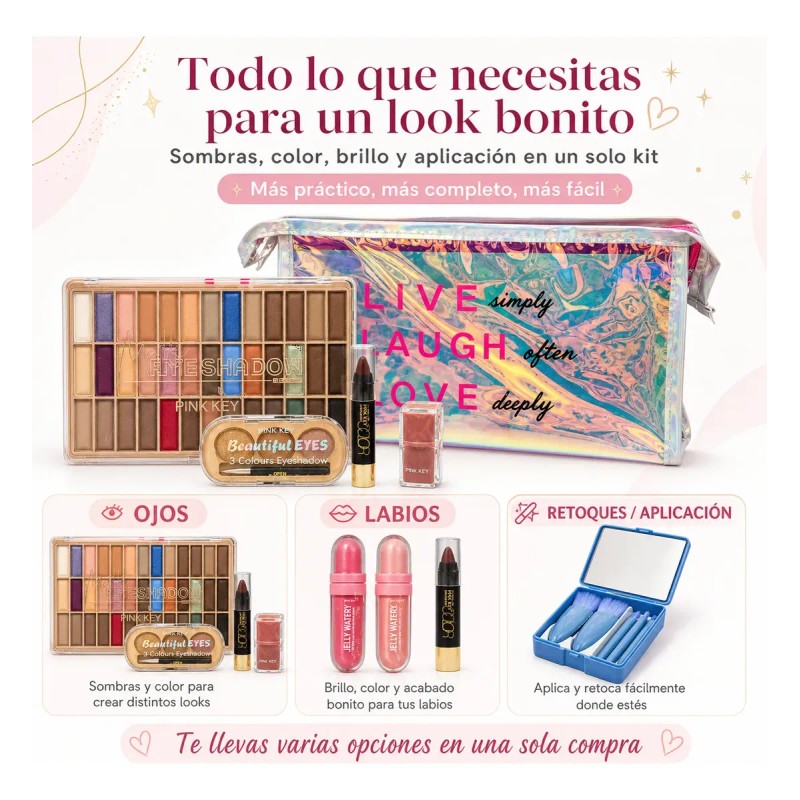 Kit De Maquillaje Cosmetiquera H Brochas Sombras Gloss Blush