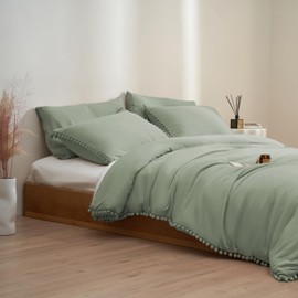MUKKA Comforter Set 5-Piece Full Size Sage Green, Boho Pom Pom Fringe Comforter Sets Full Size, Bedding Comforter Set with 2 Pillowcases,2 Pillowshams