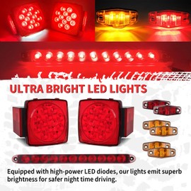LiLoom Complete LED Trailer Light Kit - Submersible Boat LED Lights with Square Tail Lights, Marker Lights, Brake Light Bar, Wiring Harness - Ideal for Trailers, Trucks, Boats