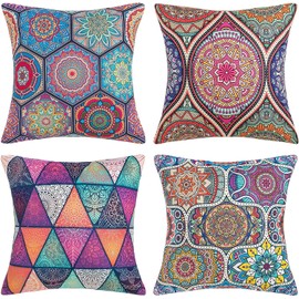 Sofa Cushion Cover 50 x 50 cm Boho Modern Mandala Cushion Cover Outdoor Decorative Cushion Covers Cotton Linen Spring Decorative Cushion Covers for Sofa Car Office Bedroom Home Decor Set of 4
