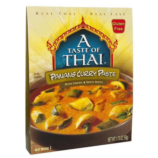 A Taste of Thai Panang - Pasta de curry de 1.7 onzas, paquete de 6 mezclas listas para usar, saborizadas con especias tailandesas clásicas, sabor a curry suave, perfecto para verduras, uso para freír a la parrilla y más, sin OMG