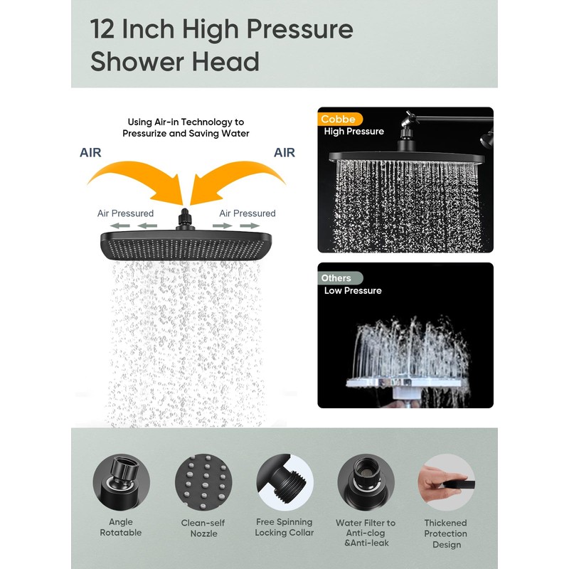 Cobbe 12'' High Pressure Rain Shower Head with Extension Arm