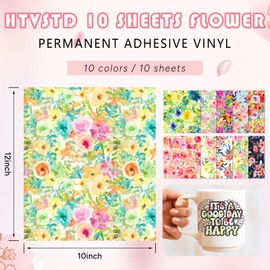 HTVSTD Watercolor Flower Permanent Vinyl - 10 Sheets 12 x 10inches Flower Permanent Adhesive Vinyl for Mugs Decors Self Adhesive Vinyl Compatible with Cricut/Silhoutte Cameo