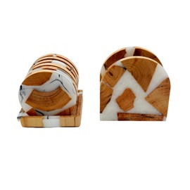 PAROTA | Juego 6 Portavasos y Servilletero para Mesa, Portavasos de Madera de Acacia con Resina Epoxica, Servilletero Premium de Madera Acacia con Resina Epoxica (Redonda)