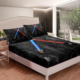 Lightsaber Bed Sheets Queen Size 3D Neon Blue Red Bedding Set 4Pcs Geometric Sun Moon Round Sheet Set for Kids Boys Girls Teens Room Decor Fashion Vintage Stone Wall Fitted + Flat Sheet,Black