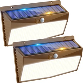 2 Pack 368 LED Solar Lights Outdoor Motion Sensor, Solar Fence Light with 3 Lighting Modes, Solar Powered Security Lights Waterproof for Outside Yard Wall Garden Backyard，Brown