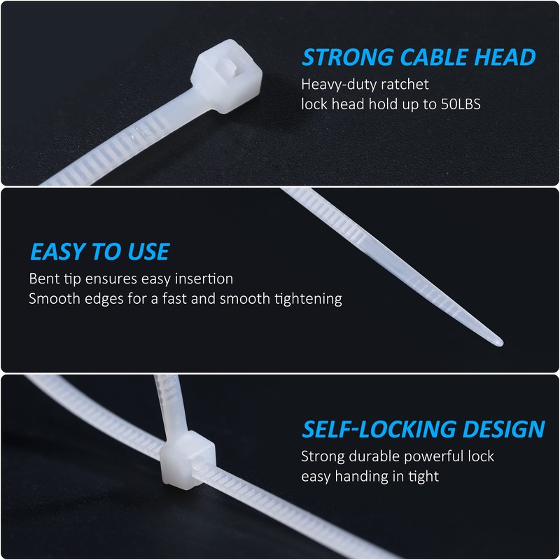 Pack of 500 Cable Ties, White, 200 mm, Adjustable Cable