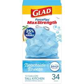 Glad Bolsas de basura ForceFlexPlus - Bolsas de basura altas con cordón para cocina, 13 galones, brisa Febreze junto a la playa, 34 unidades