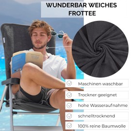 CalmyBEACH Terry Cloth Protective Cover for Garden Chair - 130 x 60 cm Cover 100% Cotton High-Backed Chair Cushion Garden Chair Cushions Sun Chair Deck Chair Cushion (Anthracite)