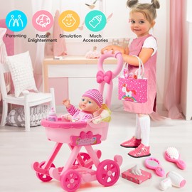 Golray Girl Baby Doll Stroller Toy Set with 12" Baby Doll & 17pcs Baby Doll Accessories Handbag/Clothes/Sunshade/Feeding Nursery Pretend Play Toy Birthday Gift for Toddler Girls 3 4 5 6 7 Years Old