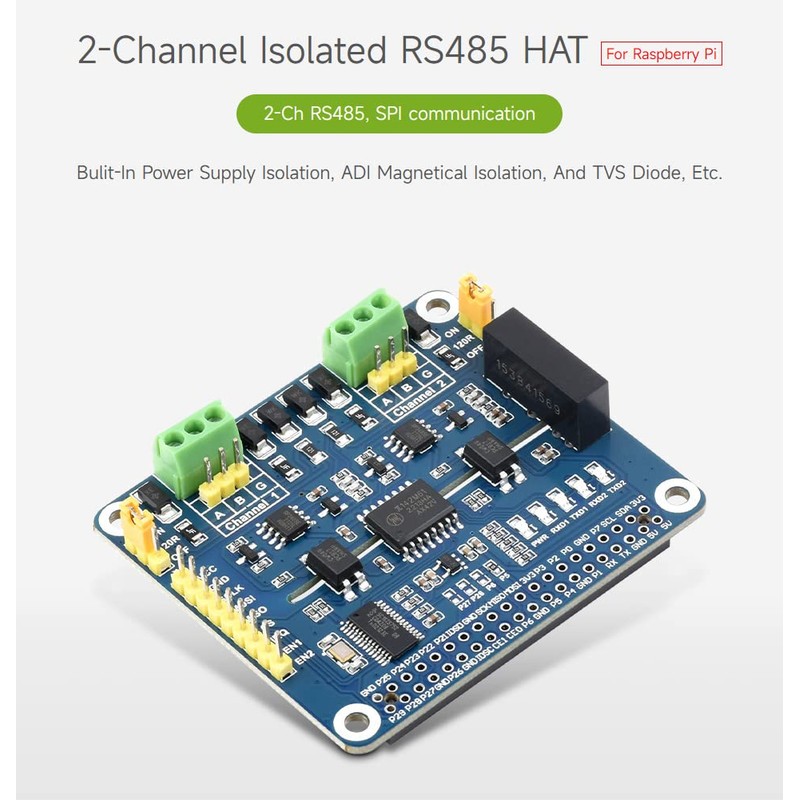 Waveshare 2-Channel Isolated RS485 Expansion HAT, Compatible with Raspberry Pi