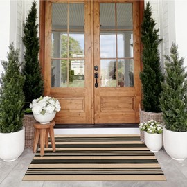 Tiveney Outdoor Rug 3' x 5', Black and Khaki Washable Rugs Front Porch Rug Cotton Woven Entryway Rug, Small Outdoor Rugs Layered Doormats Striped Carpet for Front Door/Farmhouse/Patio