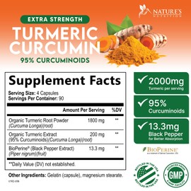 Turmeric Curcumin Supplement 2000mg - Nature's Joint & Immune Support, Organic Tumeric & BioPerine Black Pepper for Best Absorption with 95% Curcuminoids, Non-GMO, Bottled USA - 360 Capsules