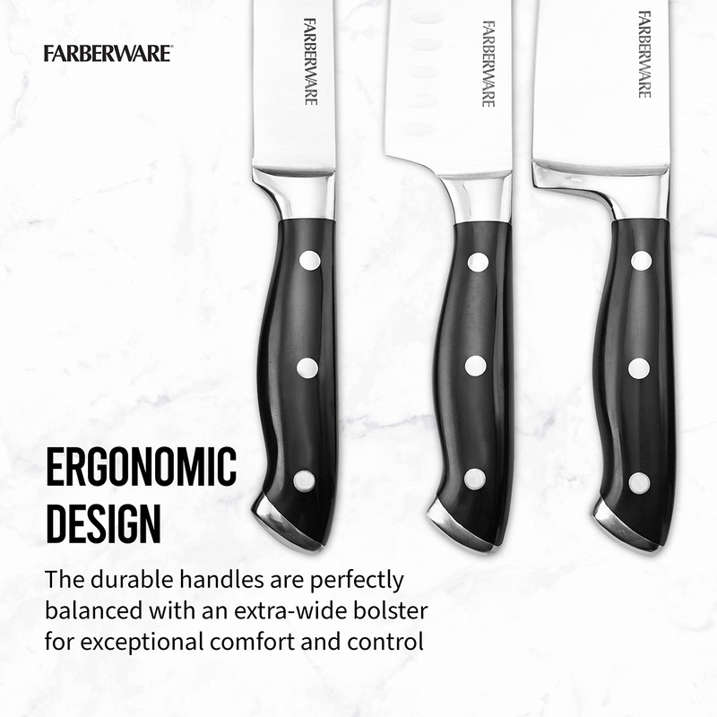 Farberware 15-Piece Forged Triple Riveted Knife Block Set, High Carbon-Stainless