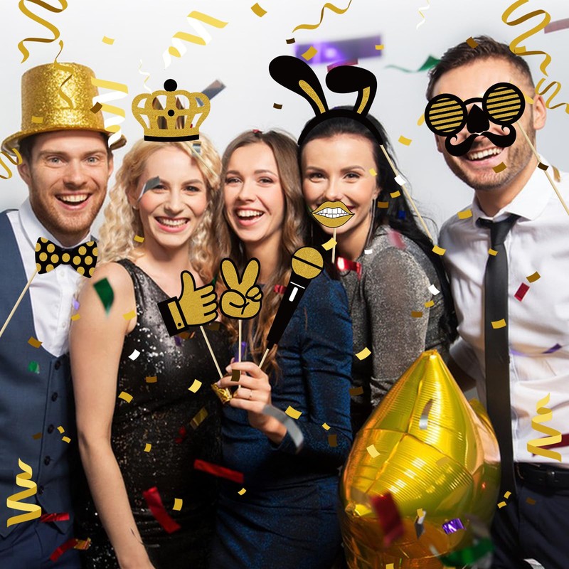 Kaluofan 25 PCS Black and Gold Party Decorations, Photobooth Party