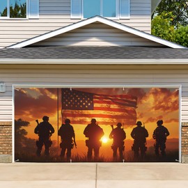 13x6ft Patriotic American Soldier Silhouette Garage Door Flag, Military Tribute flag - Sunset USA Flag Themed Outdoor Decor