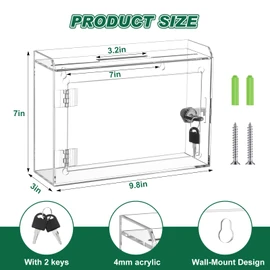 Juexica Clear Suggestion Box with Lock and Slot, Safe Acrylic Key Box for Money, Wall Mounted Small Locking Mailbox Ballot Donation for Office, 9.8" W x 3" D x 7" H