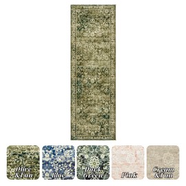 Boho Washable Runner Rug for Kitchen,Non Slip Rubber Backing Non Skid Oriental Floral Vintage Long Carpet Runners for Hallway Entryway Indoor Doormat Bedroom,2x6 6ft,Moss Olive Green Beige
