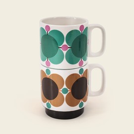 Orla Kiely Set of 2 Stacking Mugs Ceramic Atomic Flower - Jewel/Latte Gift Boxed