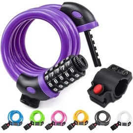 NDakter Bike Lock, 4/5.6 Feet Bicycle Cable, High Security 5 Digit Resettable Combination Coiling Bicycle Lock, Heavy Duty Anti Theft Cable with Mounting Bracket, 1/2 Inch Diameter (5.6FT,Purple-12mm)