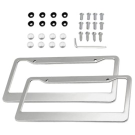 Chrome Stainless Steel Metal License Plate Frame Tag Cover With Screw Caps 2Pcs