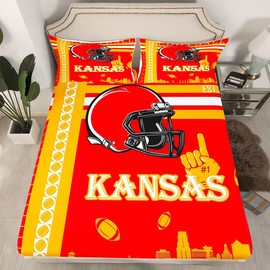 Feelyou Football Bed Sheet Set Boys Girls Kansas Fitted Sheet Queen Size American Football Gifts for Football Fans Women Men Football City Bedding Set Rugby Sports Bed Cover Yellow Red Room Decor