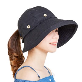 Sombrero de sol para mujer, parte superior extraíble, sombrero de ala ancha, visera de cola de caballo de verano, Negro 2, Talla única