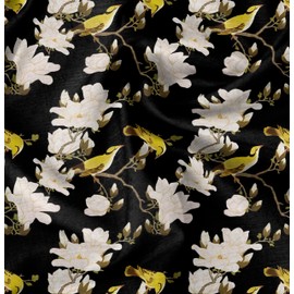 Soimoi Black Cotton Duck Fabric Floral & Leaves Bird Bird Print Fabric by The Yard 58 Inch Wide