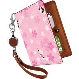 [Pretimo] Pass Case with Reel, Cute Cat, Cherry Blossom, Tortoise Cat, Walk, Pink, Animal Pattern, Bifold Animal Pattern, Invisible Shape, Stylish, Women's, Cat Pattern, Pink (Cat, Cherry Blossom,