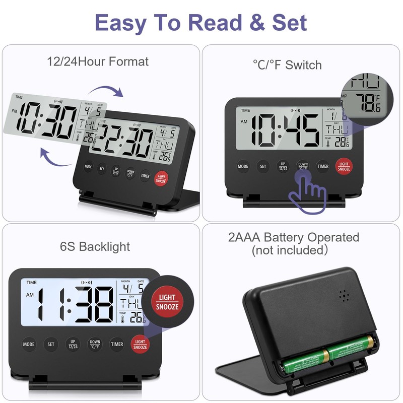 OQIMAX Digital Travel Alarm Clock, Battery Powered LCD Alarm Clock