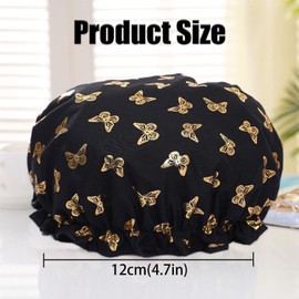 Shower Cap for Women, Double Layer Shower Cap, Plastic Shower Caps Reusable, Bath Caps for Women, Elastic Band Reusable Shower Cap for Long, Short and Curly Hair(Black Butterfly)