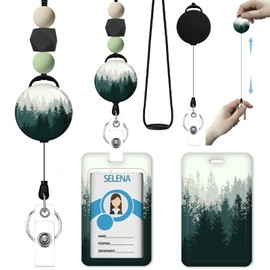 Icycay Teacher Retractable Lanyards for Id Badges, Forest ID Holder with Silicone Beaded Lanyard Badge Reel Retractable, Cute Name Tag Work Office Supplies for Men Women Teacher Gifts