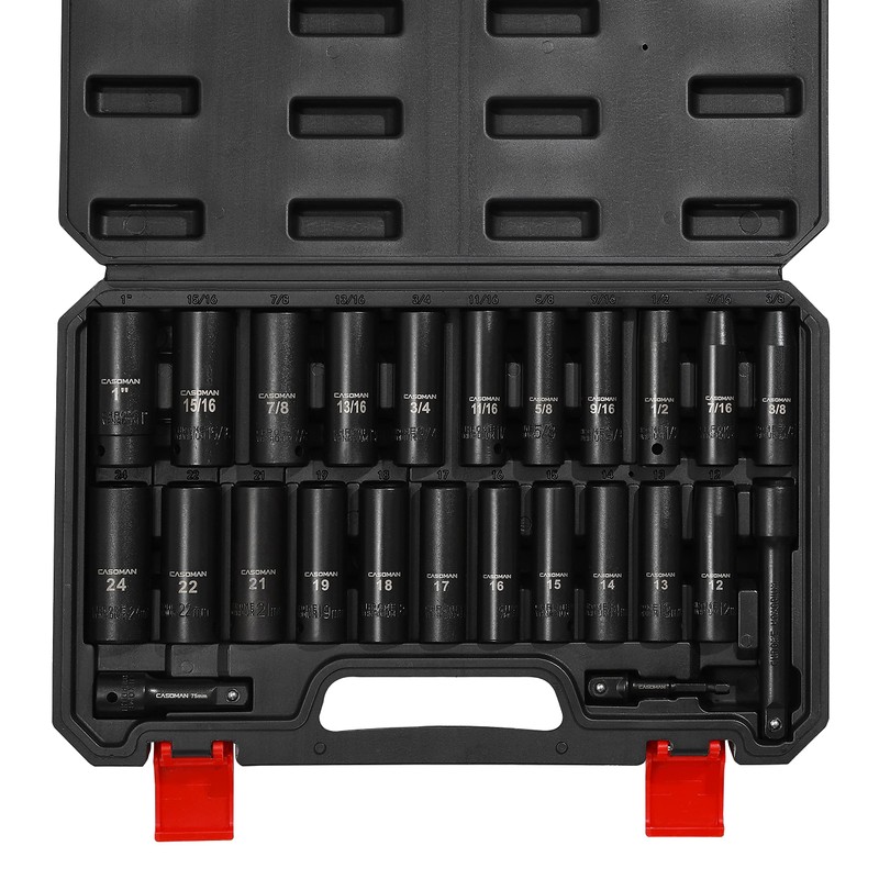 CASOMAN 25PCS 1/2" Drive Impact Socket Set, Deep, Cr-V Steel,
